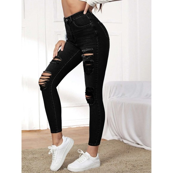 Black High Rise High Stretch Distressed Ripped Grunge Skinny Jeans Medium Size 6 - Picture 1 of 14